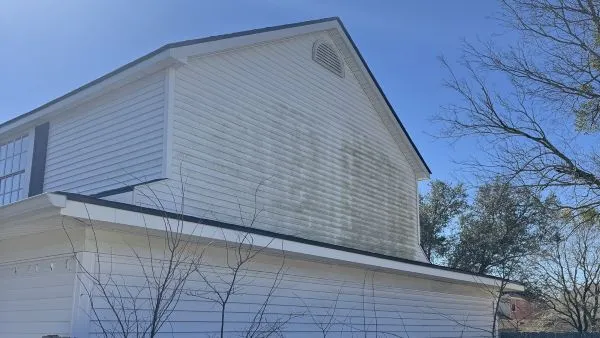 Full side of house before washing by Stonevale Exterior Co. showing algae and discoloration on siding
