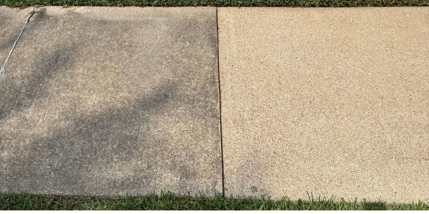 Dramatic before and after pavement cleaning transformation showing professional concrete restoration by Stonevale Exterior Co.